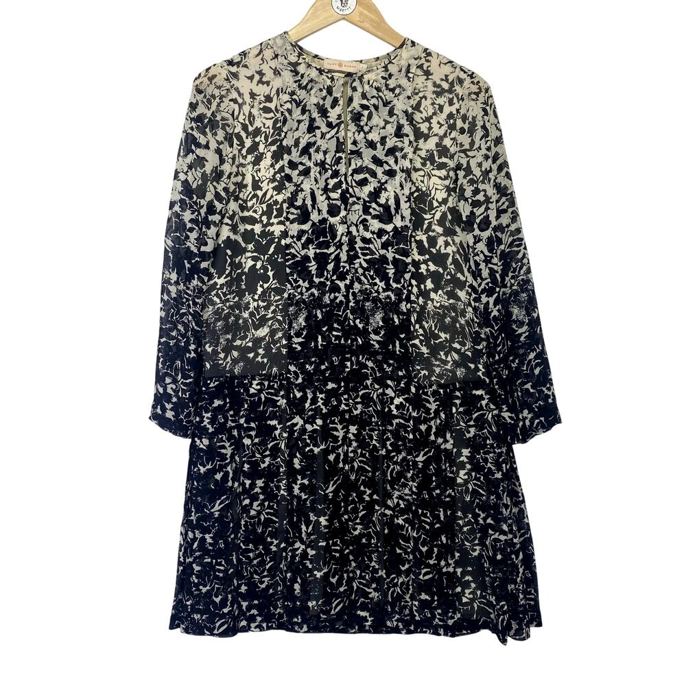 TORY BURCH Silk Drop Waist Pleated Dress Black Cream Floral Sz S Wedding Guest
